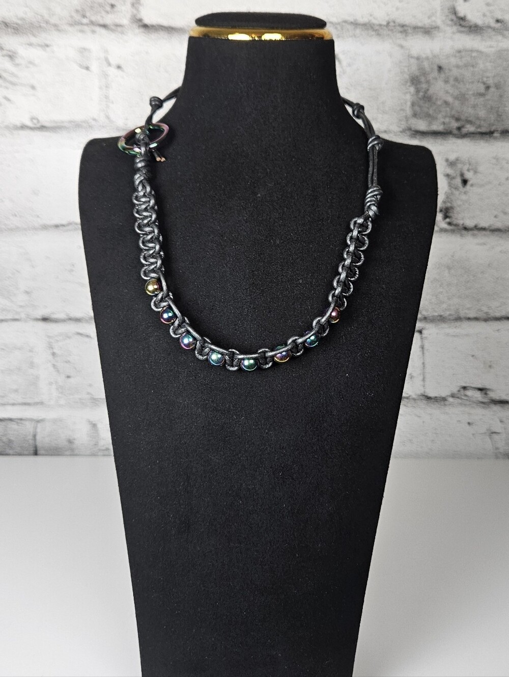 Black Leather Cord Rainbow Hematite Beaded Boho Statement Necklace